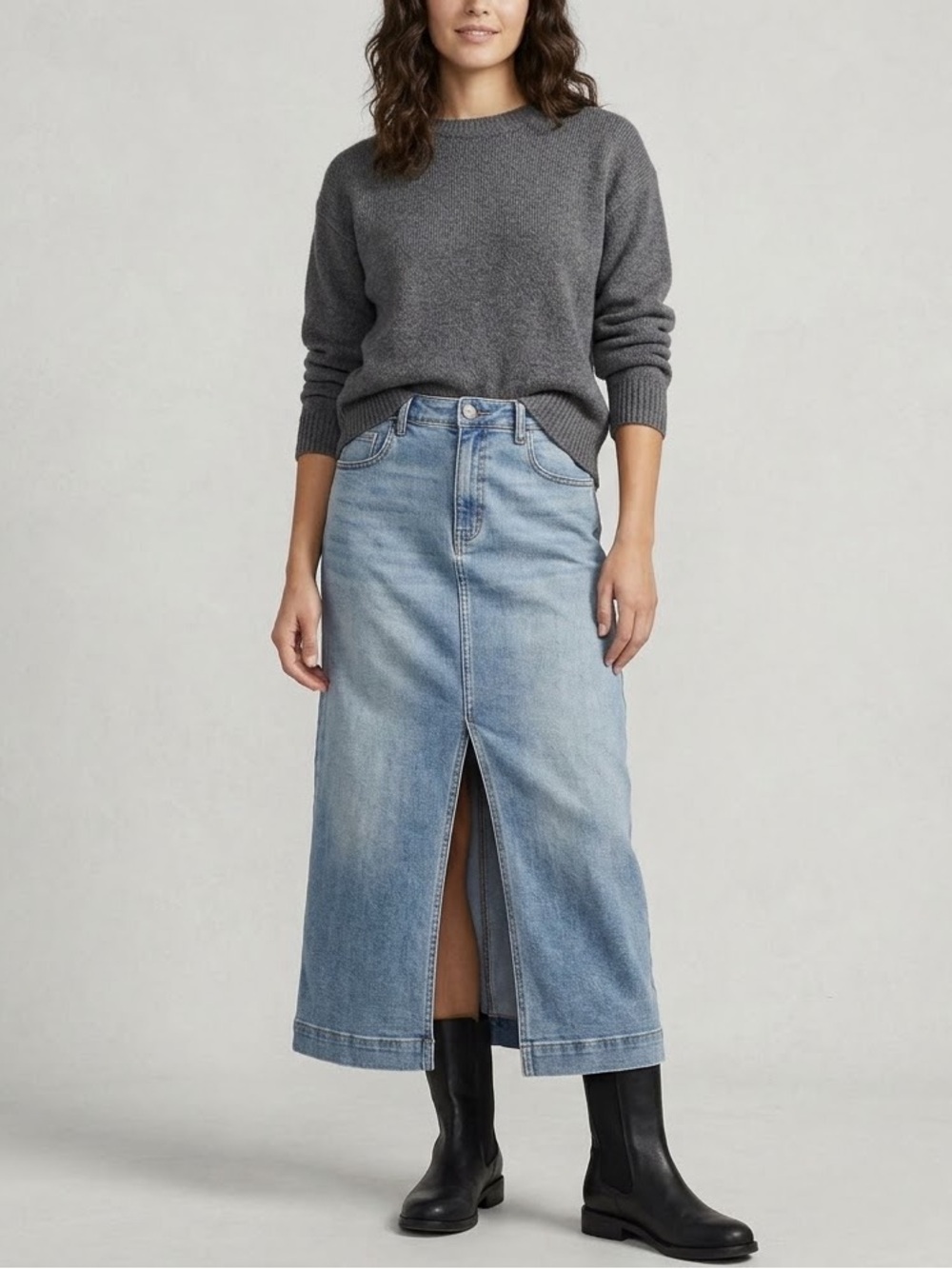 NWT Frye and Co. Women’s 12 Front Slit Seamed Blue Denim Jean Midi Skirt